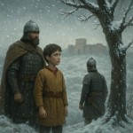 شاهزاده ماننایی پسرک 10 ساله در فضای ایران باستان که بدون تاج است همراه یک سردار و یک نفر سپاهی با زره رزم و شمشیر بر کمر سپاهی ، بر روی تپه جلوی دروازه قلعه دور دست را می نگرد و برف در حال باریدن است و گل یخی بر تنه درختی روییده است.