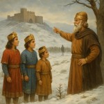سه نفر شاهزاده 10 ساله و پدر بزرگ سردار ماننا در ایران باستان و یک سپاهی جلوی دروازه  قلعه  بر روی تپه پر از برف ایستاده اند  و دور دست را می نگرند و گل کوچکی بر پای درختی روییده است  در فضای ایران باستان و ماننا و منتظر رسیدن کسی هستند  و پدر بزرگ شاهزاده  با دست به دور دست اشاره و صحبت می کند
