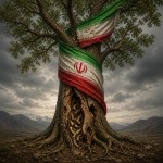 درختی با پرچم ایران که به دورش پیچیده با تنه کرم دار