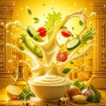 یک بک گراند تبلیغاتی  بر اساس ترکیب بندی حرفه ای تبلیغاتی با استفاده از المان های بصری مواد تشکیل دهنده یک سس مایونز  یا یک سالاد فصل باشد در زمینه تناژ زرد رنگ برام طراحی کن که این بک گراند حس تازگی،حس انرژی زیاد و  چشمگیر برای مخاطبان باشد 
پاشش سس حرفه ای و سرشار از حس و انرژی باشد و زمینه بک گراند حس  و حال  باستانی را داشته باشد . 8kباشد و پر از جزییات قرار هست این طرح بعدا برای لیبل بطری طراحی شود