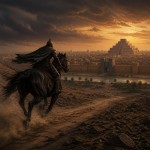پیک مادی سوار بر اسب در حال تاخت باشد که به شهر بابل که از دور دیده می شود نزدیک می شود