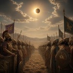 سپاه ماد  در سمت راست و سپاه لیدیه که در سمت چپ است و خورشید وسط آسمان دچار کسوف جزئی شده است و سپاهیان خورشید را نگاه می کنند