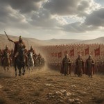 سپاه سرخ پوش ماد که از دور در حال نزدیک شدن است و سه سردار مسن از دور در پیشاپیش سپاه دیده می شوند و دسته ای از سوار کاران در سمت چپ به تاخت از سپاه جدا شده و در حال نزدیک شدن هستند و در پیشاپیش آنها سرداری مادی در حال فرمان دان است