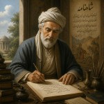 تصویری از حکیم فردوسی که در حال نگارش شاهنامه است
