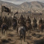 تصویر لشکر سکا که از پشت سر به مادیان در حال مبارزه با آشوریان حمله می برد