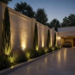 دیوار کیت کتی میخام با یه پارکینگ داخل یه ویلا کنار دیوار نور پردازی بشه درخت سرو و بوته های استخودوس و رز ماری باشه