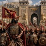 سردار مادی با زره و کلاه خودی مادی سرخ با سپاهیان  در جلوی دروازه شهر مادی باستان