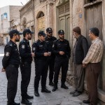 عکس ۵ تا پلیسو تو محله قدیمی طراحی کن که در حال پرسوجو از مردم محلی هستند