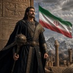 تصویر زال شاهنامه با گرز و با ردای مشکی باشکوه در کنار تصویر