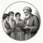 یه عکس برام طراحی کن واسه کتابم. در مورد اینکه یک پیرمرد یه دسته چوب های کوچک در دست دارد و پسرانش به او نگاه میکنند. سیاه‌وسفید مناسب چاپ کتاب سبک حکاکی کلاسیک (مثل تصویرسازی کتاب‌های قدیمی) خطوط ظریف و تمیز بدون شلوغی زیاد و در قالب دایره باشه.