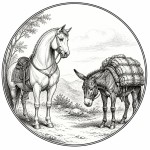 یه عکس برام طراحی کن واسه کتابم. در مورد اینکه اسبی با زین زیبا به الاغی با بار زیاد و خسته نگاه میکند. سیاه‌وسفید مناسب چاپ کتاب سبک حکاکی کلاسیک (مثل تصویرسازی کتاب‌های قدیمی) خطوط ظریف و تمیز بدون شلوغی زیاد و در قالب دایره باشه.