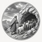 یه عکس برام طراحی کن واسه کتابم. در مورد اینکه بزچران بزهای خود را به دلیل طوفان به داخل غار میبرد.. سیاه‌وسفید مناسب چاپ کتاب سبک حکاکی کلاسیک (مثل تصویرسازی کتاب‌های قدیمی) خطوط ظریف و تمیز بدون شلوغی زیاد و در قالب دایره باشه.