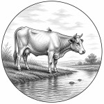 یه عکس برام طراحی کن واسه کتابم. در مورد اینکه 
گاوی کنار آب ایستاده و پشه روی گاو نشسته است. سیاه‌وسفید مناسب چاپ کتاب سبک حکاکی کلاسیک (مثل تصویرسازی کتاب‌های قدیمی) خطوط ظریف و تمیز بدون شلوغی زیاد و در قالب دایره باشه.