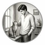 یه عکس برام طراحی کن واسه کتابم. در مورد اینکه 
یک پسر جوان در اتاق ایستاده و یک گربه را نوازش میکند. سیاه‌وسفید مناسب چاپ کتاب سبک حکاکی کلاسیک (مثل تصویرسازی کتاب‌های قدیمی) خطوط ظریف و تمیز بدون شلوغی زیاد و در قالب دایره باشه.