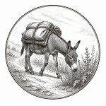 یه عکس برام طراحی کن واسه کتابم. در مورد اینکه 
یک خر در راه با بار زیاد میرود و علف و خارها را میخورد.. سیاه‌وسفید مناسب چاپ کتاب سبک حکاکی کلاسیک (مثل تصویرسازی کتاب‌های قدیمی) خطوط ظریف و تمیز بدون شلوغی زیاد و در قالب دایره باشه.