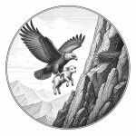 یه عکس برام طراحی کن واسه کتابم. در مورد اینکه 
یک باز یک گوسفند کوچک را به بالای کوه به لانه اش میبرد. سیاه‌وسفید مناسب چاپ کتاب سبک حکاکی کلاسیک (مثل تصویرسازی کتاب‌های قدیمی) خطوط ظریف و تمیز بدون شلوغی زیاد و در قالب دایره باشه.