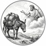 یه عکس برام طراحی کن واسه کتابم. در مورد اینکه الاغی خسته و بار سنگین دارد و با خدا ژوپیتر صحبت میکند.
. سیاه‌وسفید مناسب چاپ کتاب سبک حکاکی کلاسیک (مثل تصویرسازی کتاب‌های قدیمی) خطوط ظریف و تمیز بدون شلوغی زیاد و در قالب دایره باشه.