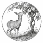 یه عکس برام طراحی کن واسه کتابم. در مورد اینکه 
آهویی بدون شاخ در حال خوردن برگ های درخت انگور است. سیاه‌وسفید مناسب چاپ کتاب سبک حکاکی کلاسیک (مثل تصویرسازی کتاب‌های قدیمی) خطوط ظریف و تمیز بدون شلوغی زیاد و در قالب دایره باشه.