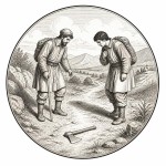 یه عکس برام طراحی کن واسه کتابم. در مورد اینکه دو مسافر در راه روی زمین یک تبر پیدا کرده اند. سیاه‌وسفید مناسب چاپ کتاب سبک حکاکی کلاسیک (مثل تصویرسازی کتاب‌های قدیمی) خطوط ظریف و تمیز بدون شلوغی زیاد و در قالب دایره باشه.