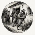 یه عکس برام طراحی کن واسه کتابم. در مورد اینکه چند دزد به خانه ای رفته اند و یکی از آنها یک خروس در بغلش دارد. سیاه‌وسفید مناسب چاپ کتاب سبک حکاکی کلاسیک (مثل تصویرسازی کتاب‌های قدیمی) خطوط ظریف و تمیز بدون شلوغی زیاد و در قالب دایره باشه.
