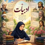 یک تصویر برام طراحی کن با عنوان ادبیات پس زمینه تصویر شاد و انگیزشی باشه و تصویر شاعران در اطرافش باشه و یک دختر با حجاب اسلامی که د