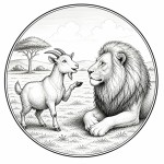یه عکس برام طراحی کن واسه کتابم. در مورد اینکه یک بز بازیگوش با یک شیر در چراگاه  صحبت میکند. سیاه‌وسفید مناسب چاپ کتاب سبک حکاکی کلاسیک (مثل تصویرسازی کتاب‌های قدیمی) خطوط ظریف و تمیز بدون شلوغی زیاد و در قالب دایره باشه.