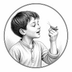 یه عکس برام طراحی کن واسه کتابم. در مورد اینکه یک پسربچه با یک ملخ در مشتش گرفته  صحبت میکند. سیاه‌وسفید مناسب چاپ کتاب سبک حکاکی کلاسیک (مثل تصویرسازی کتاب‌های قدیمی) خطوط ظریف و تمیز بدون شلوغی زیاد و در قالب دایره باشه.