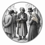 یه عکس برام طراحی کن واسه کتابم. در مورد اینکه یک مرد فالگیر در خیابان بین مردم ایستاده. . سیاه‌وسفید مناسب چاپ کتاب سبک حکاکی کلاسیک (مثل تصویرسازی کتاب‌های قدیمی) خطوط ظریف و تمیز بدون شلوغی زیاد و در قالب دایره باشه.