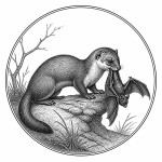 یه عکس برام طراحی کن واسه کتابم. در مورد اینکه یک راسو یک خفاش را شکار کرده . سیاه‌وسفید مناسب چاپ کتاب سبک حکاکی کلاسیک (مثل تصویرسازی کتاب‌های قدیمی) خطوط ظریف و تمیز بدون شلوغی زیاد و در قالب دایره باشه.