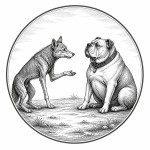 یه عکس برام طراحی کن واسه کتابم. در مورد اینکه گرگی لاغر و ضعیف با سگی چاق و قوی صحبت میکند. سیاه‌وسفید مناسب چاپ کتاب سبک حکاکی کلاسیک (مثل تصویرسازی کتاب‌های قدیمی) خطوط ظریف و تمیز بدون شلوغی زیاد و در قالب دایره باشه.
