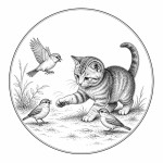 یه عکس برام طراحی کن واسه کتابم. در مورد اینکه گربه ای با کنجشک ها دوست شده و بازی میکند. سیاه‌وسفید مناسب چاپ کتاب سبک حکاکی کلاسیک (مثل تصویرسازی کتاب‌های قدیمی) خطوط ظریف و تمیز بدون شلوغی زیاد و در قالب دایره باشه.