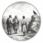 یه عکس برام طراحی کن واسه کتابم. در مورد اینکه چند مسافر در راه باهم صحبت میکنندو کلاغی را میبینند. سیاه‌وسفید مناسب چاپ کتاب سبک حکاکی کلاسیک (مثل تصویرسازی کتاب‌های قدیمی) خطوط ظریف و تمیز بدون شلوغی زیاد و در قالب دایره باشه.