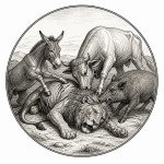 یه عکس برام طراحی کن واسه کتابم. در مورد اینکه شیر پیری روی زمین افتاده و خر و گاو وگراز به او حمله و زخمی میکنند . سیاه‌وسفید مناسب چاپ کتاب سبک حکاکی کلاسیک (مثل تصویرسازی کتاب‌های قدیمی) خطوط ظریف و تمیز بدون شلوغی زیاد و در قالب دایره باشه.