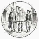 یه عکس برام طراحی کن واسه کتابم. در مورد اینکه پیرمرد و پسرش پاهای الاغی را به میله ای بسته اند و در شهر راه میروند. سیاه‌وسفید مناسب چاپ کتاب سبک حکاکی کلاسیک (مثل تصویرسازی کتاب‌های قدیمی) خطوط ظریف و تمیز بدون شلوغی زیاد و در قالب دایره باشه.