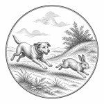 یه عکس برام طراحی کن واسه کتابم. در مورد اینکه سگی خرگوشی را دنبال میکند. سیاه‌وسفید مناسب چاپ کتاب سبک حکاکی کلاسیک (مثل تصویرسازی کتاب‌های قدیمی) خطوط ظریف و تمیز بدون شلوغی زیاد و در قالب دایره باشه.